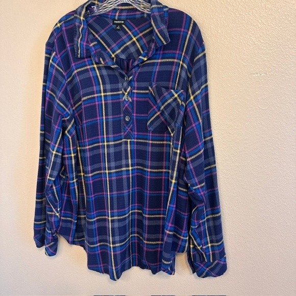 torrid Tops - Torrid Navy Blue Plaid Crinkle Gauze Button Back Tunic Long Sleeve Blouse 3X